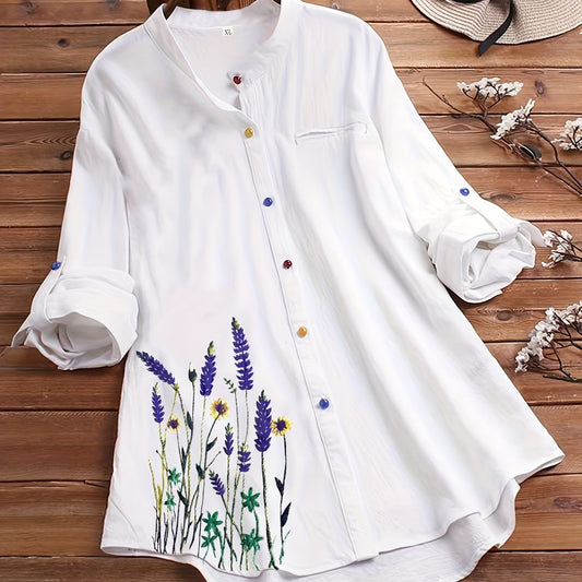 Women's Floral Print Button Up Stand Collar Blouse