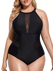 Contrast Mesh Halter Cut Out One Piece Swimsuit