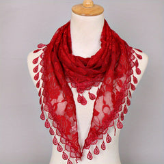 Rose Embroidery Lace Tassel Triangle Scarf Outdoor Windproof Head Wrap