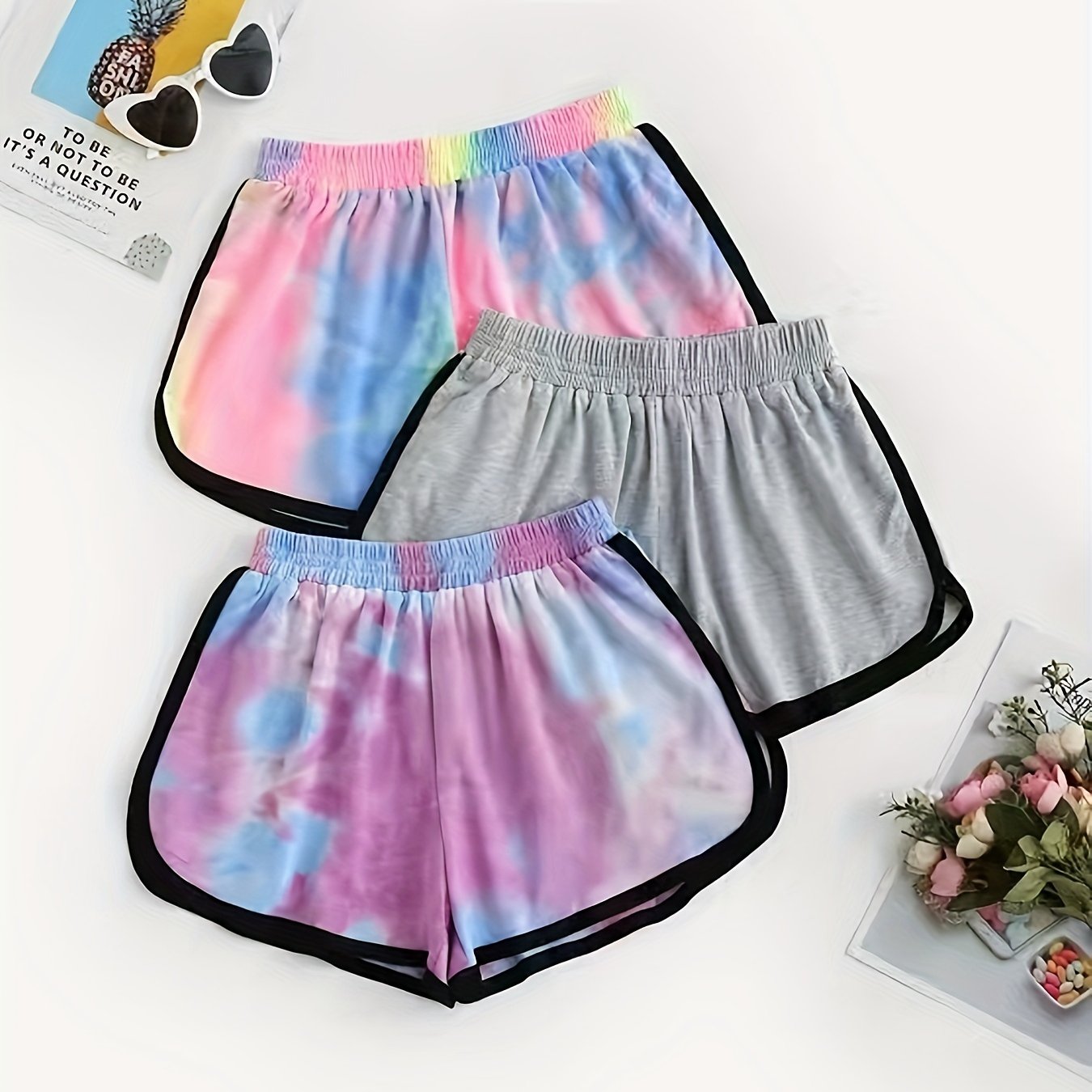 3 Pack Plus Size Casual Shorts Women's Plus Tie Dye & Solid Elastic Sleek