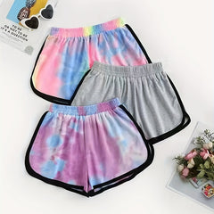3 Pack Plus Size Casual Shorts Women's Plus Tie Dye & Solid Elastic Sleek