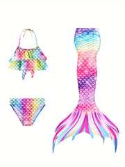 Girl's Mermaid Swimsuit 3pcs Fish Scale Pattern Bikini Set & Mermaid Tail
