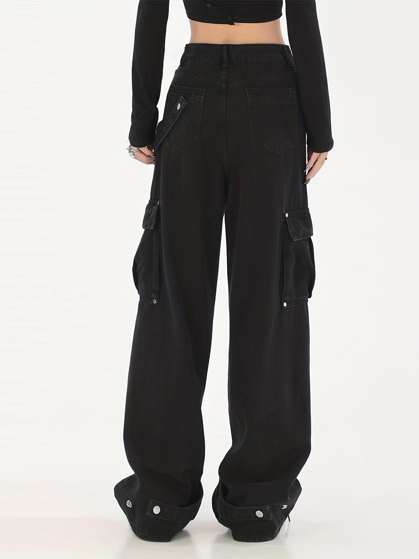 Flap Pockets Cargo Pants Loose Fit Non Stretch Straight Jeans