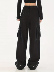 Flap Pockets Cargo Pants Loose Fit Non Stretch Straight Jeans