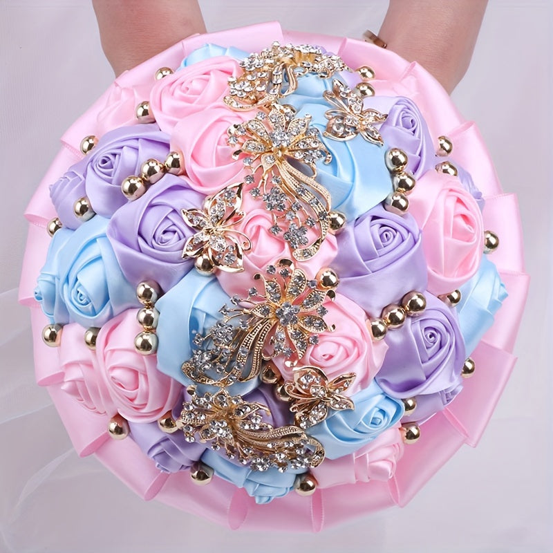 Red Velvet Roses Bridesmaid Bouquet with Crystal and Pearl Accents