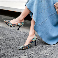 Floral Print Stiletto Heels Pointed Toe Slip-On Shoes
