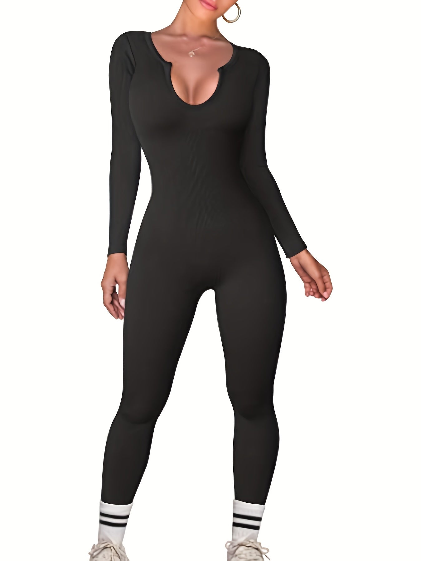Solid Notched Neck Jumpsuit Casual Long Sleeve Jumpsuit
