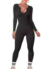 Solid Notched Neck Jumpsuit Casual Long Sleeve Jumpsuit