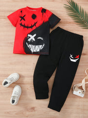 Boys Summer Sports Casual Suit Smiling Face Tee & Trousers Set