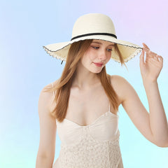 Wide Brim Sun Hat Straw Ribbon Bowknot Decor