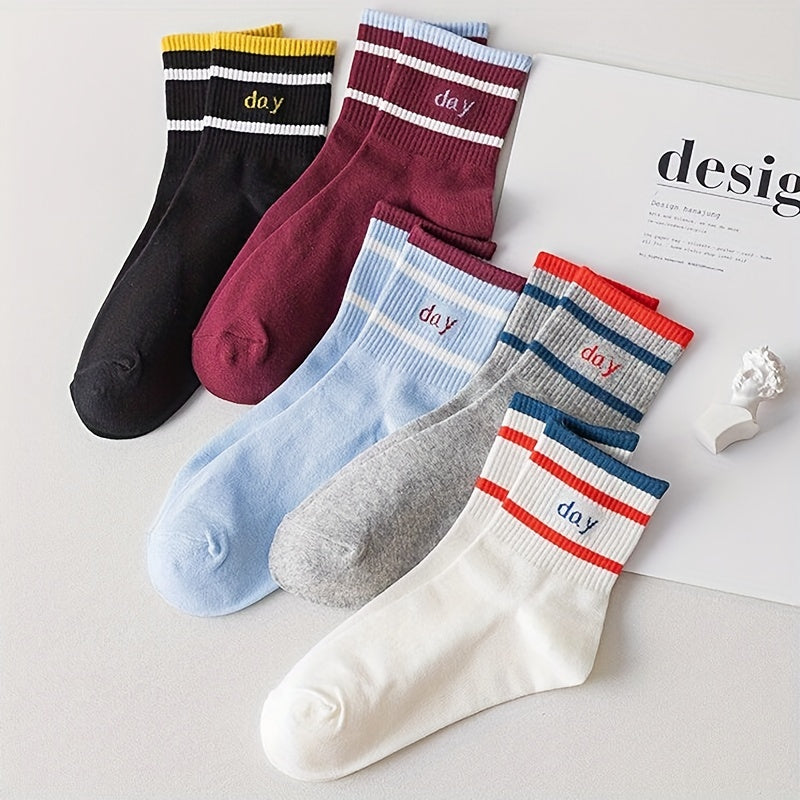 5 Pairs Letter Print Striped Socks Women's Stockings