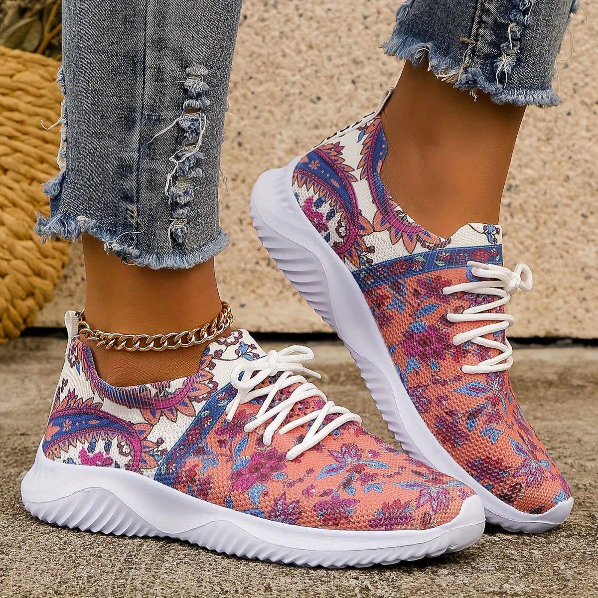 Ethnic Print Mesh Breathable Lightweight Running Shoes