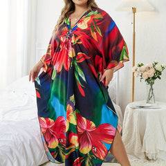 Plus Size Floral Print Batwing Sleeve V Neck Cover Up Dress