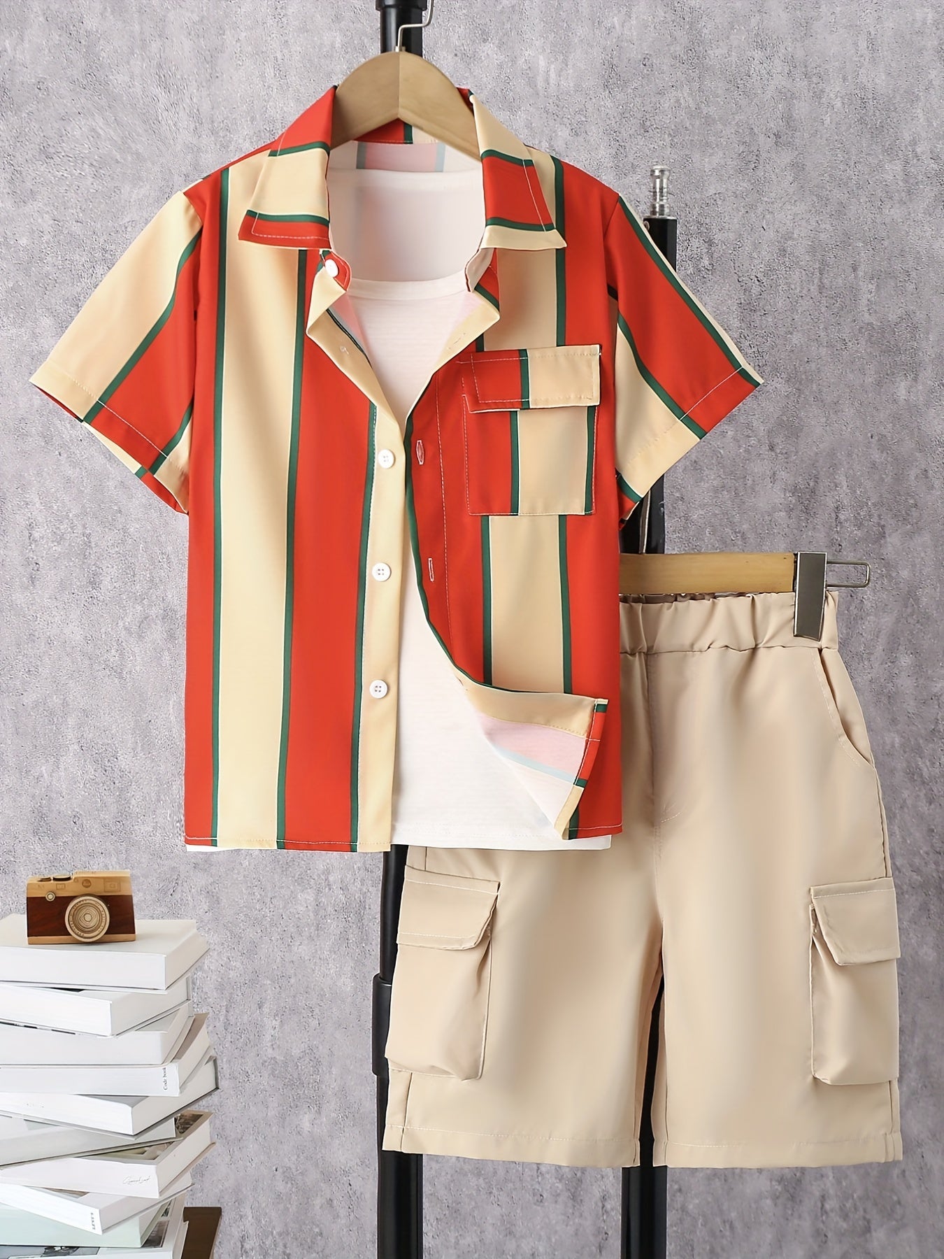 2pcs Boys Teen Casual Striped Shirt & Shorts Set for Summer