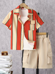 2pcs Boys Teen Casual Striped Shirt & Shorts Set for Summer