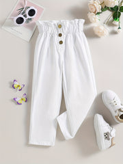 Girls Ruffle Paperbag Waist Straight Leg Pants High Waist Button Trousers