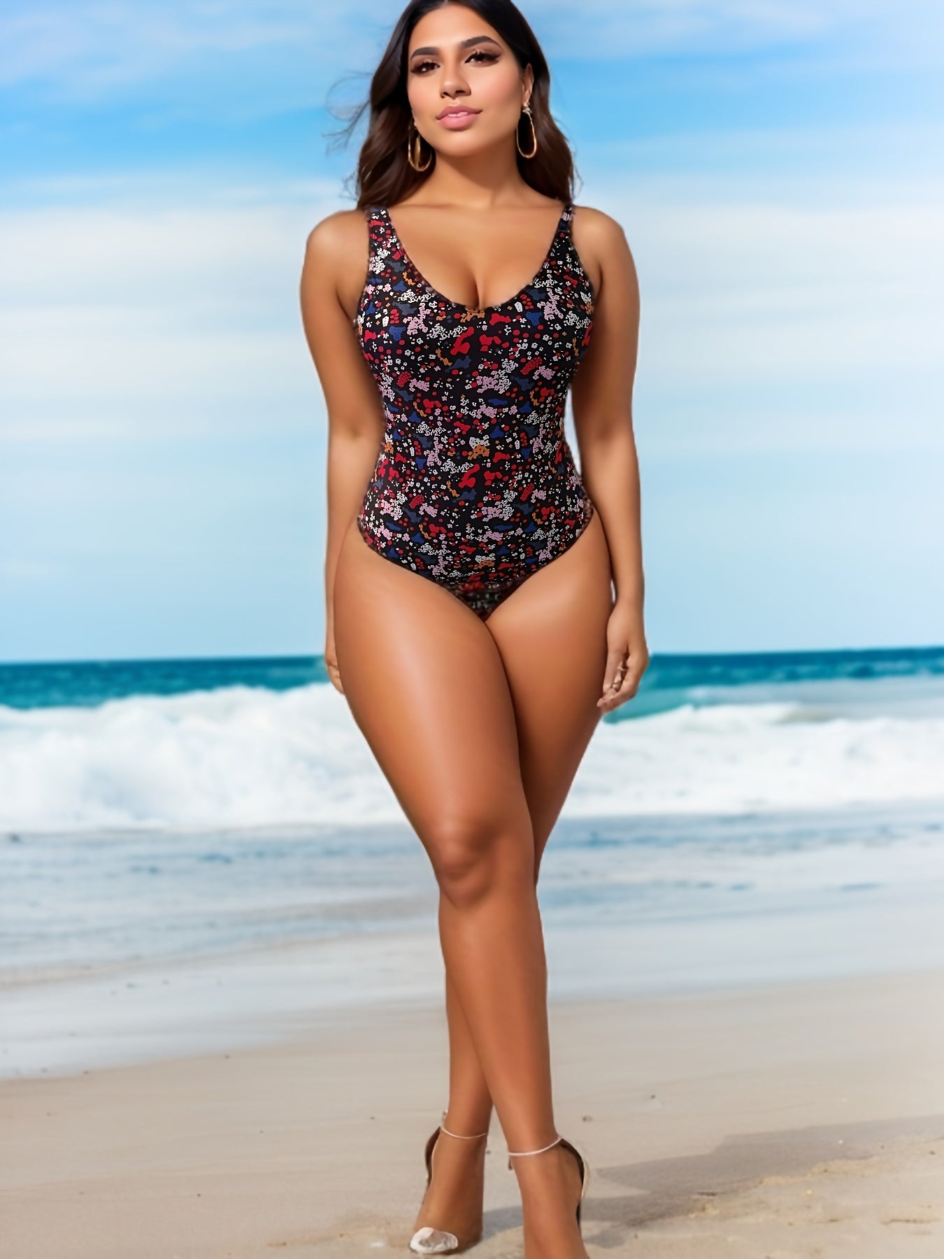 Boho Swimsuit Women's Floral Print V Neck Backless One Piece