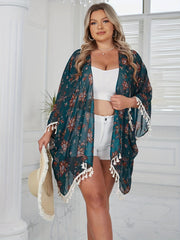 Floral Print Tassel Trim Bat Sleeve Beach Cover Up