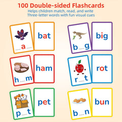 100 Double Sided CVC Word Flashcards Short Vowel Spelling Educational Toy