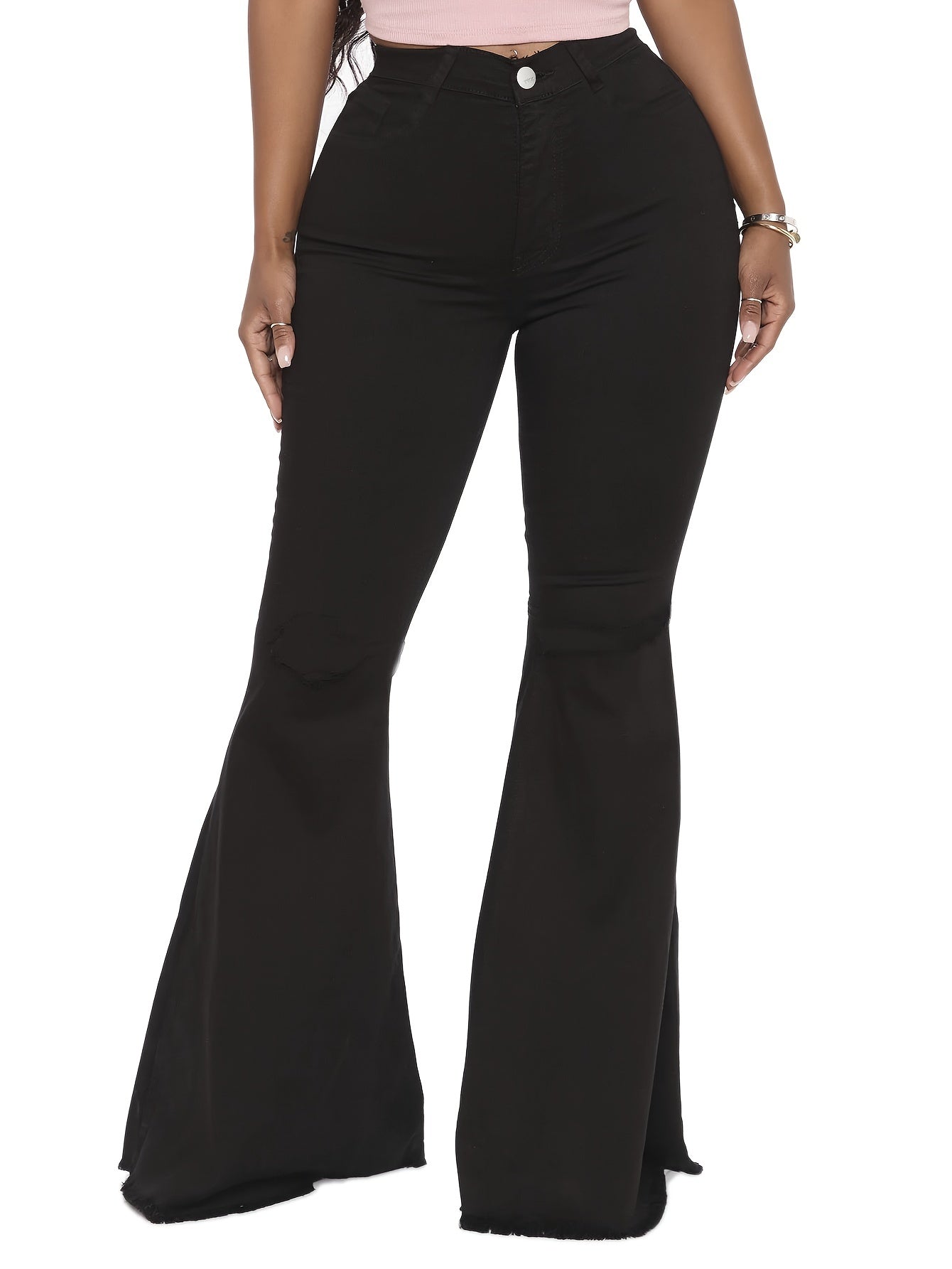 Solid Button Fly High Rise Flared Leg Jeans