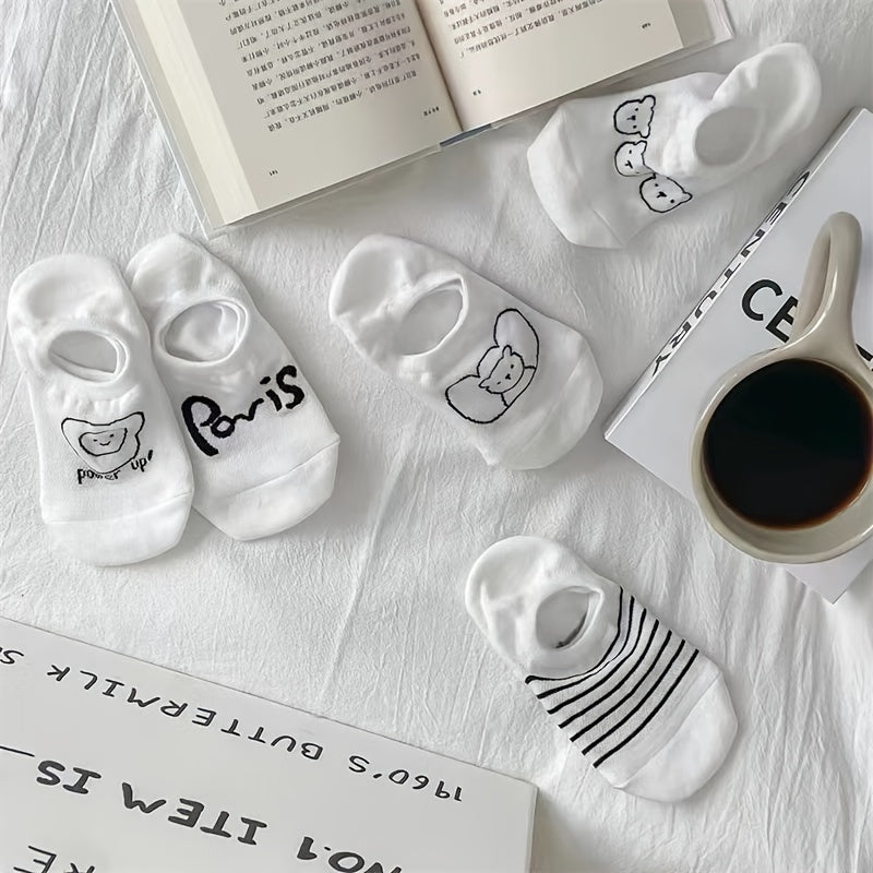 5 Pairs Bear Print Socks Comfy Low Cut Ankle Women's Stockings