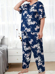 Floral Print Plus Size Lounge Set Short Sleeve Round Neck T shirt & Pants