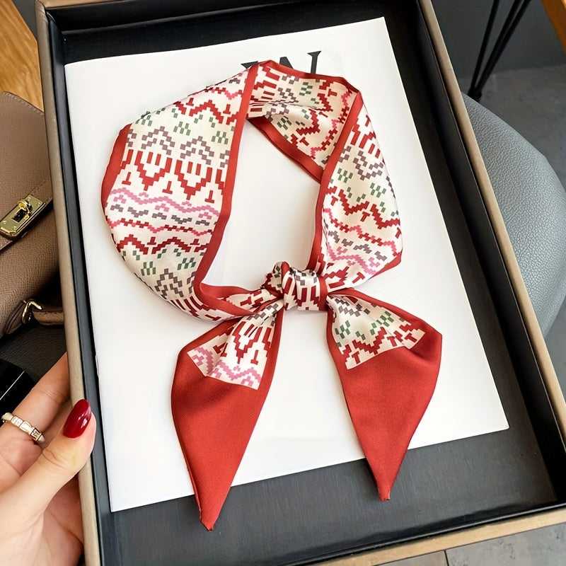 Geometric Print Red Skinny Scarf Silk Hair Ribbon Satin Neckerchief