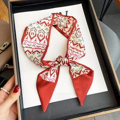 Geometric Print Red Skinny Scarf Silk Hair Ribbon Satin Neckerchief
