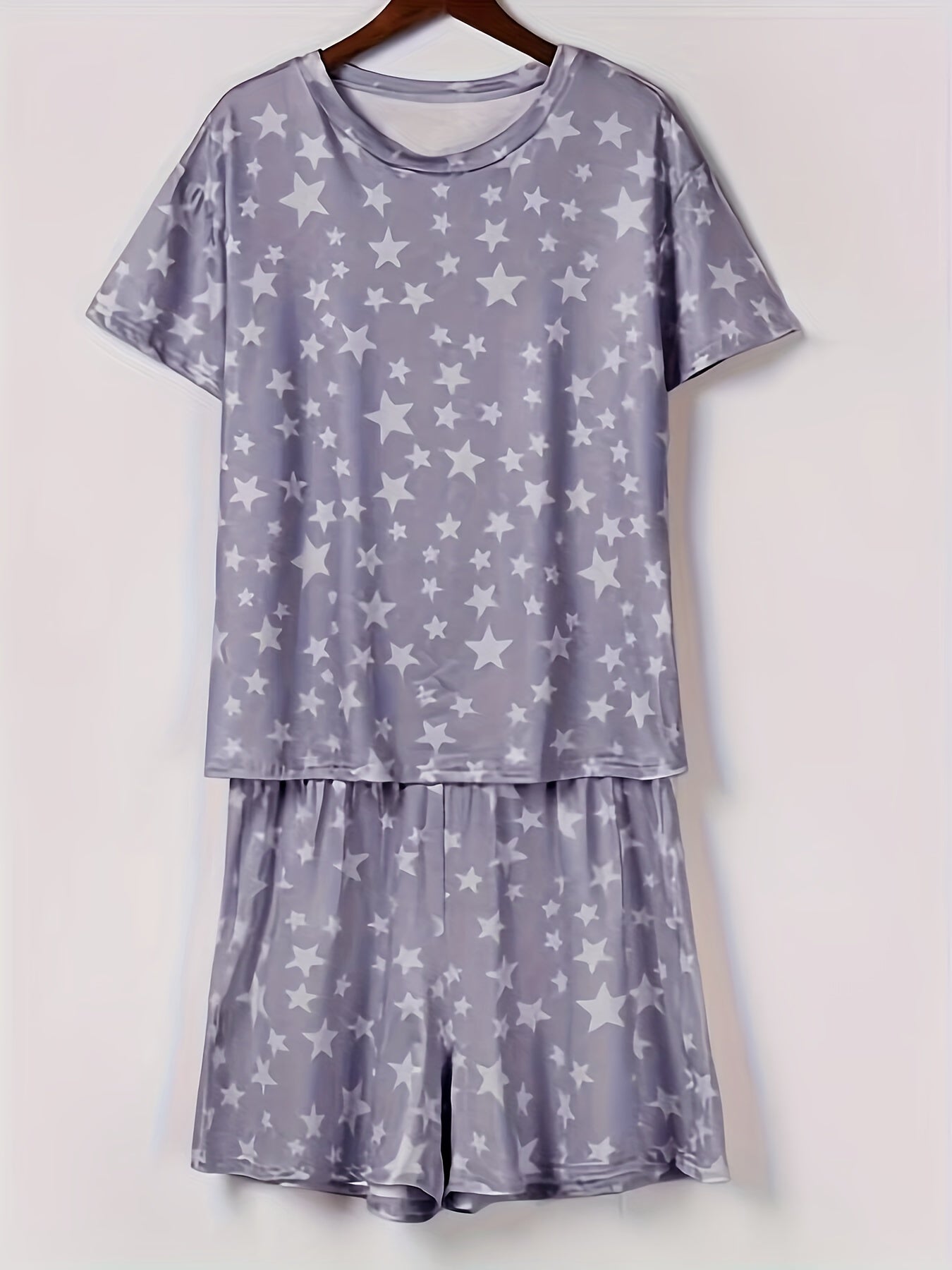Stars Print Casual Two piece Set Crew Neck Short Sleeve Tee & Drawstring Shorts