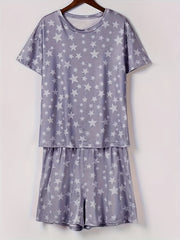 Stars Print Casual Two piece Set Crew Neck Short Sleeve Tee & Drawstring Shorts