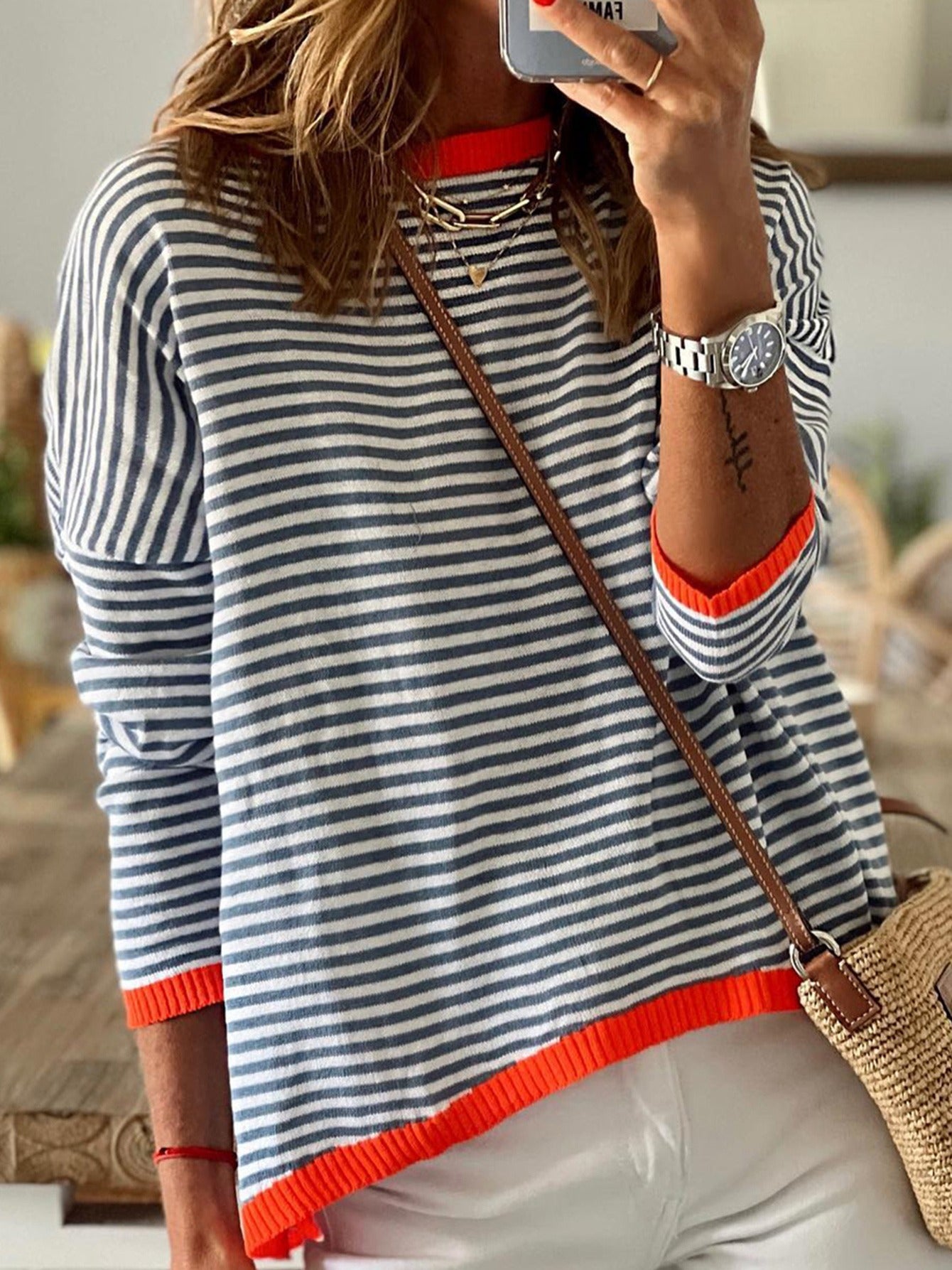Women's Striped Crew Neck Pullover Sweater