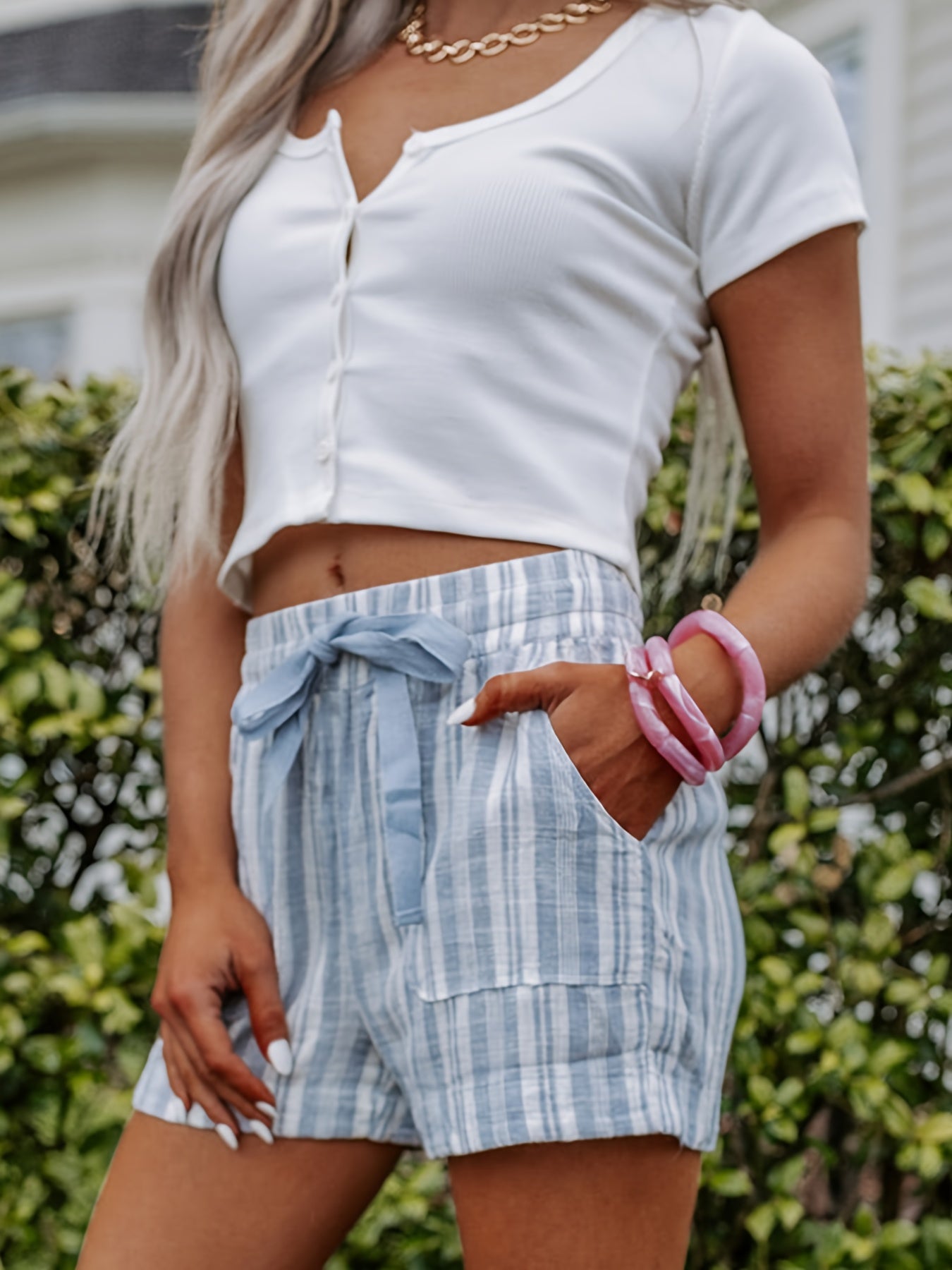 Women's Striped Casual Shorts With Drawstring & Pockets