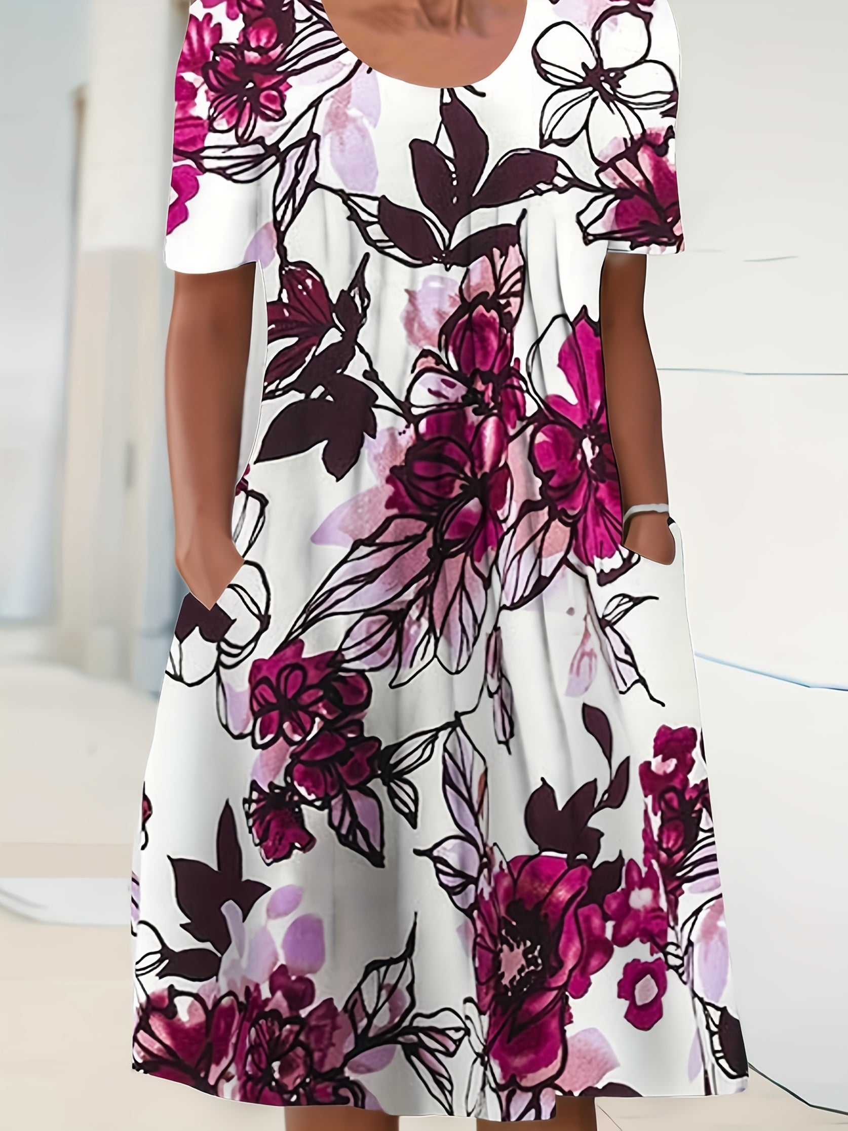 Floral Print Short Sleeve Pleated Dress With Pockets