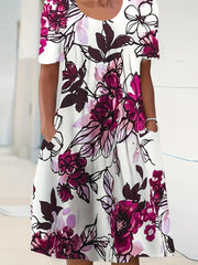 Floral Print Short Sleeve Pleated Dress With Pockets