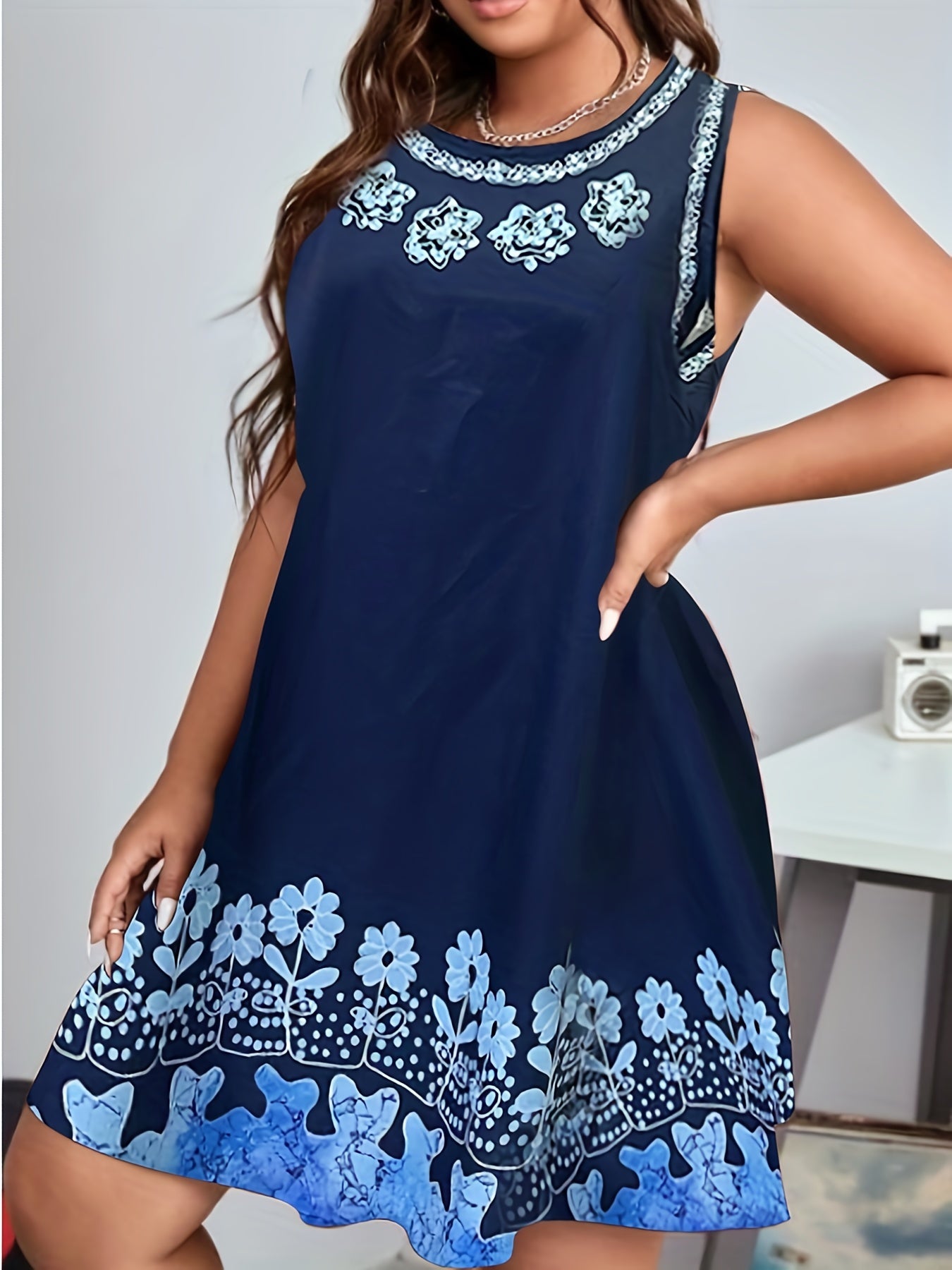 Boho Dress Women's Plus Floral Print Round Neck Tank Dress