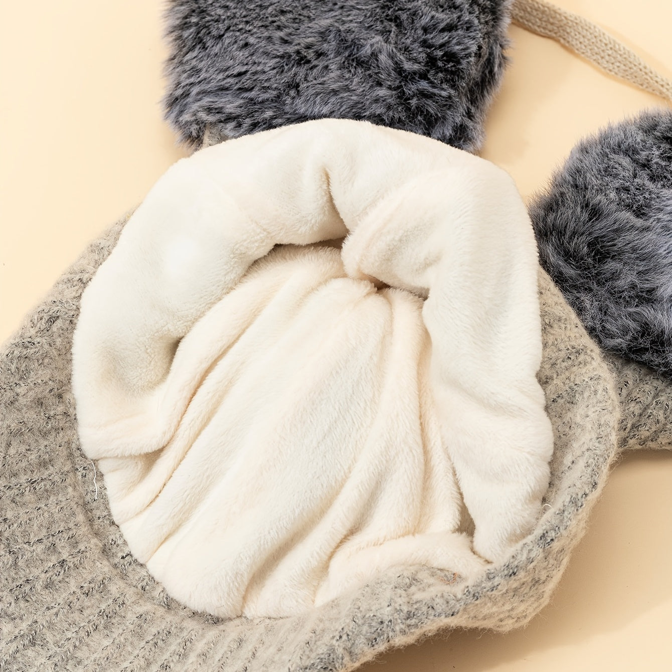 Beige Pompom Baseball Cap Winter Knit Hat With Earmuffs