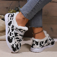 Cow Print Plush Lined Flat Skate Shoes Fall Winter Keep Warm