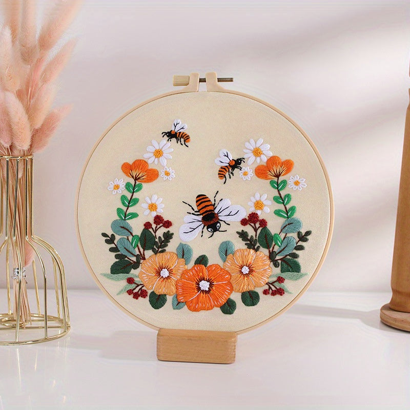 Honeybee Flower Starter Embroidery Kit with Hoop, Needles, Threads, Instructions