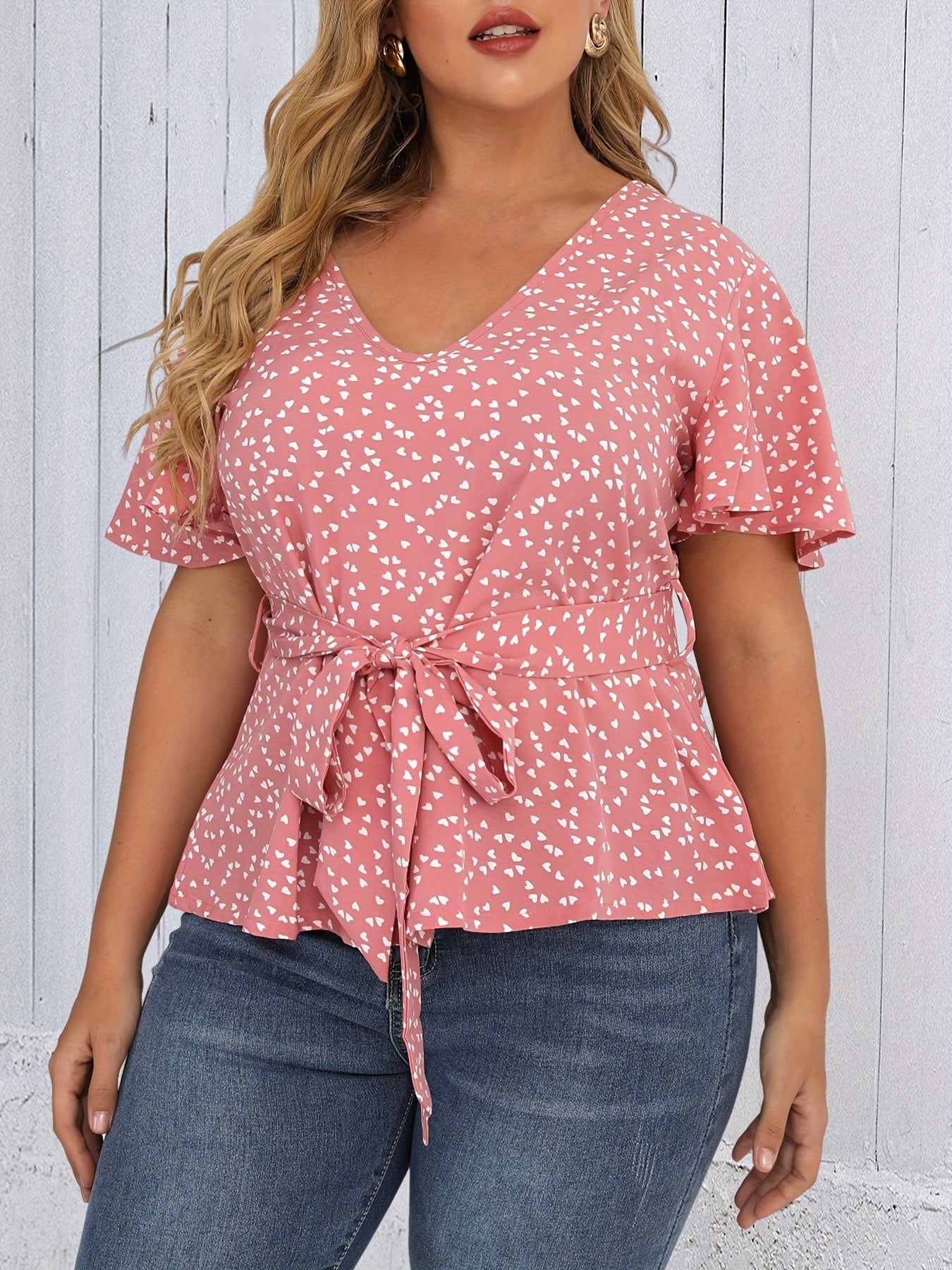 Heart Print Short Sleeve Peplum Top With Belt