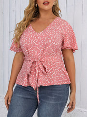 Heart Print Short Sleeve Peplum Top With Belt