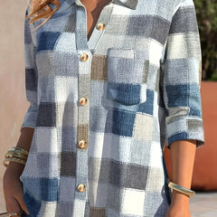 Colorblock Denim Print Button Up Blouse