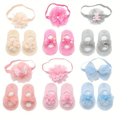 2pcs Baby Girls Mesh Floor Socks & Headband Set Non Slip Breathable Comfortable