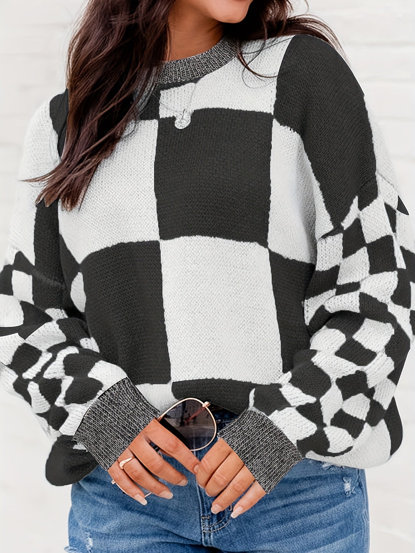 Colorblock Checker Print Sweater