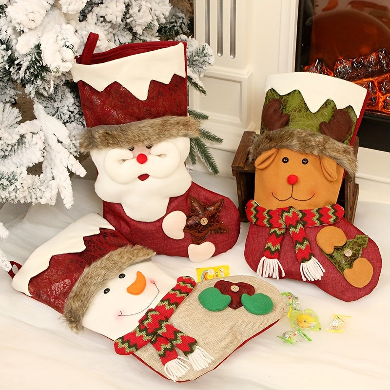 1pc Santa Claus Snowman Deer Faux Leather Socks Christmas Gift Bag