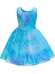 Girls Mermaid Print Sleeveless Dress Kids Summer Clothes