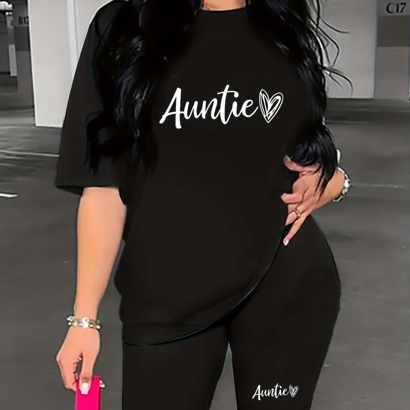 Letter & Heart Print Two piece Set Casual Short Sleeve T shirt & Biker Shorts