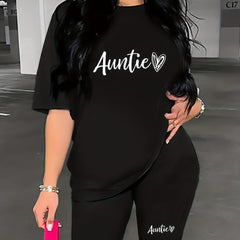 Letter & Heart Print Two piece Set Casual Short Sleeve T shirt & Biker Shorts