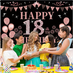 18th Birthday Decorated Banner Rose Golden Background Party Supplies
