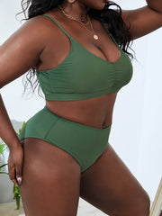 Solid Ruched Bikini Set High Rise Swimsuit 2 Piece Set