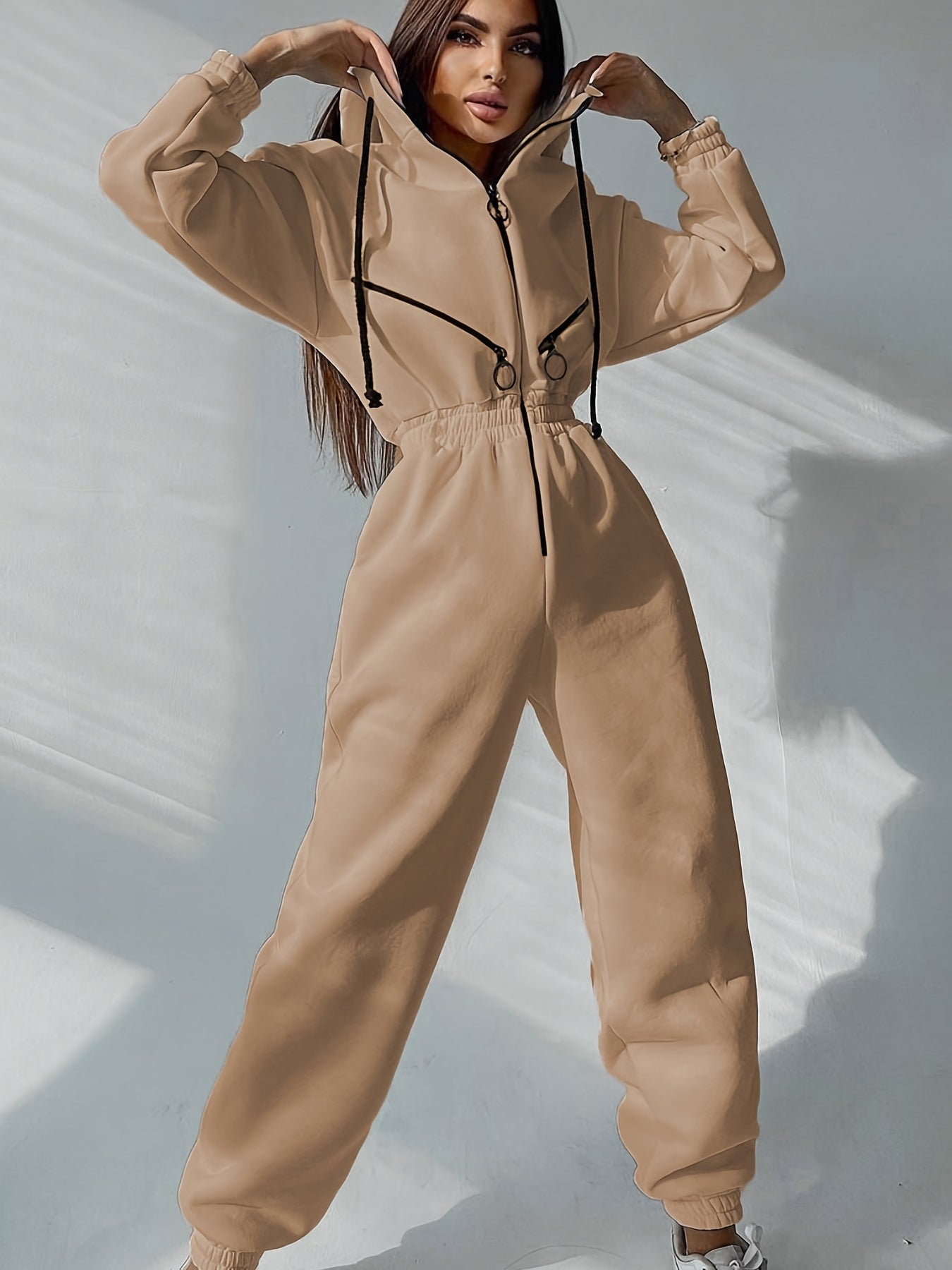 Drawstring Hooded Jumpsuit Long Slipper Zippered Pocket Sports Catsuit